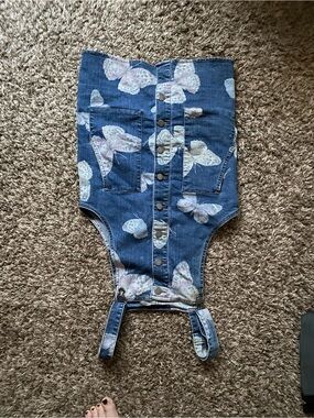 Butterfly Print Denim Button-Front Romper